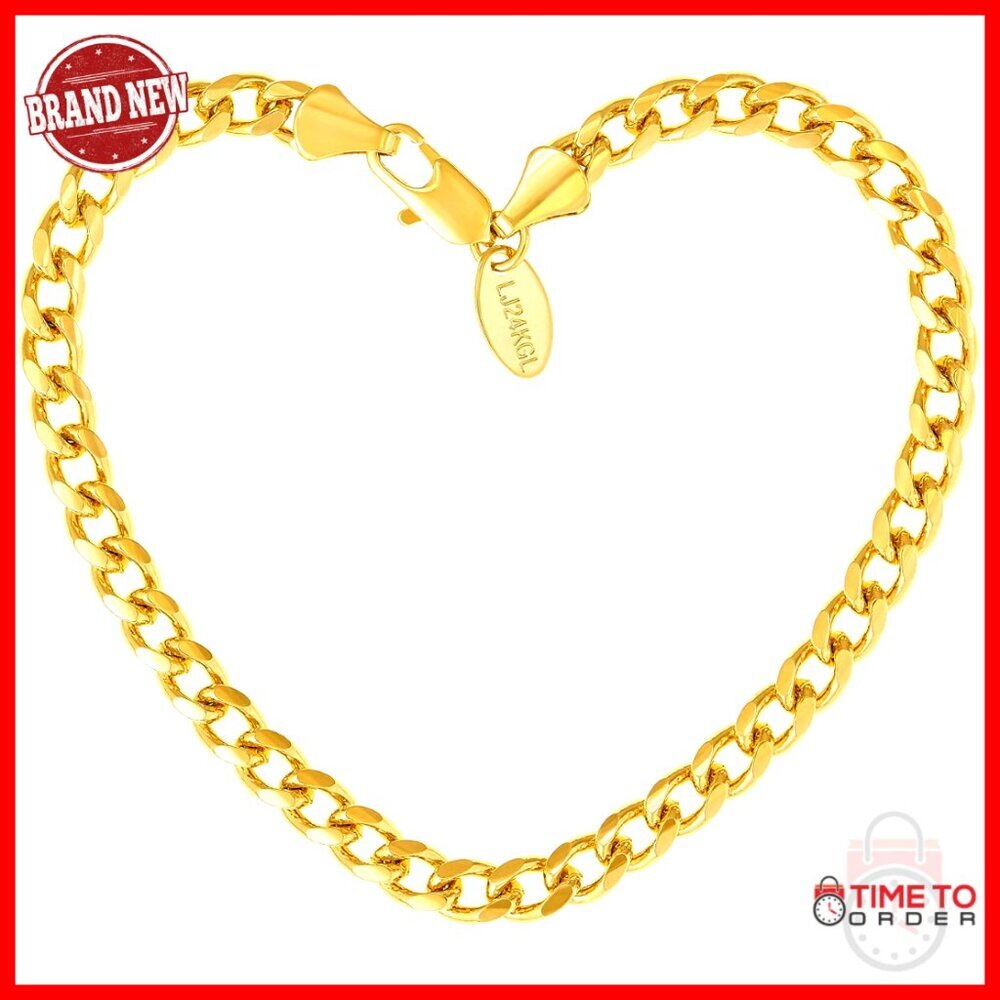 5mm Cuban Link Chain Bracelet 24k Gold Plated Lobster Clasp 7-9 Inches